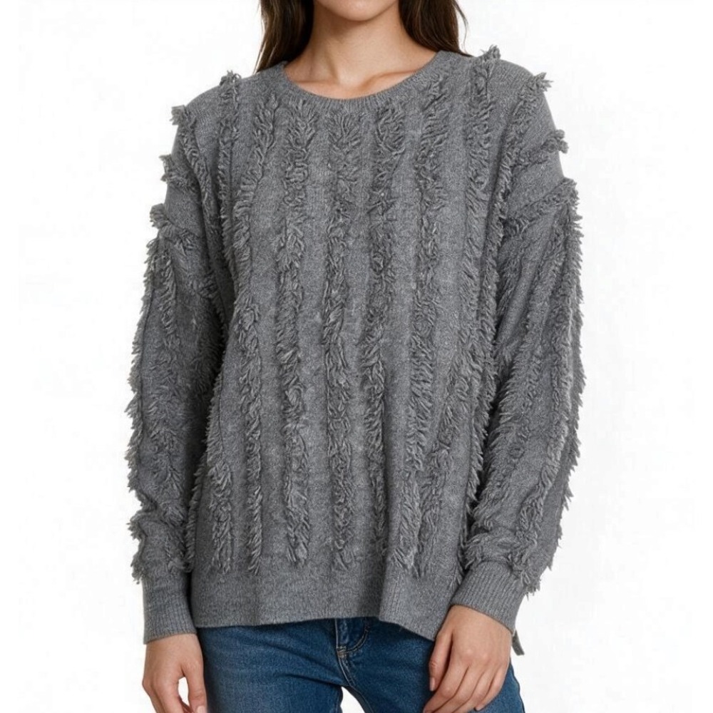 MADEWELL Gray Merino Wool FRINGE STRIPES SWEATER Soft Fuzzy Preppy SIZE XXS